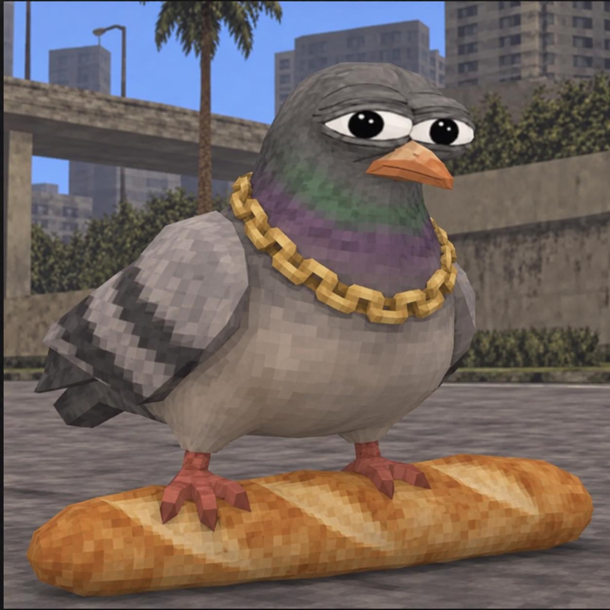 Original Dove Pepe on a baguette in a concrete city courtyard